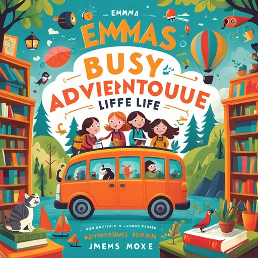 Prompt: (vibrant book cover), (bold title "Emmas' Busy but Adventurous Life"), bright colors, whimsical illustrations, dynamic design elements representing adventure, eye-catching typography, playful imagery conveying a sense of exploration and excitement, detailed background with subtle hints of daily life, high-quality illustration, warm and inviting ambiance perfect for capturing attention in a bookstore.