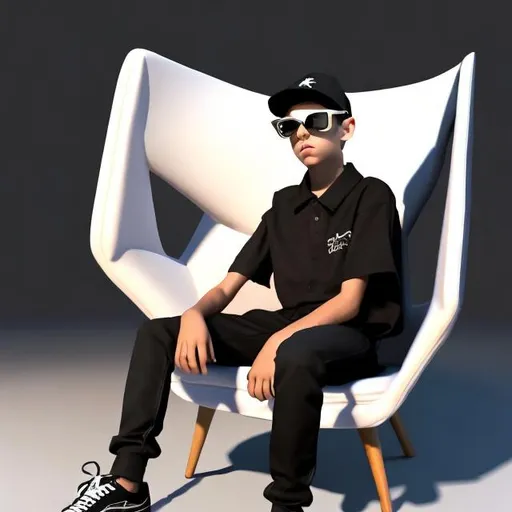 Prompt: Creat a 3D illusion picture where a stylish boy in a black shirt sits casually on a wingback Chair. Wearing sneakers, a black cricket cap, and sunglas