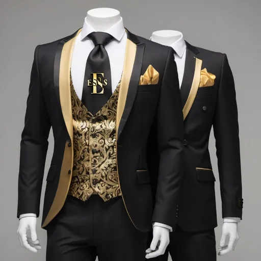 Prompt: create THREE PIEACE SUIT WITH THE NAME E&S with gold and black