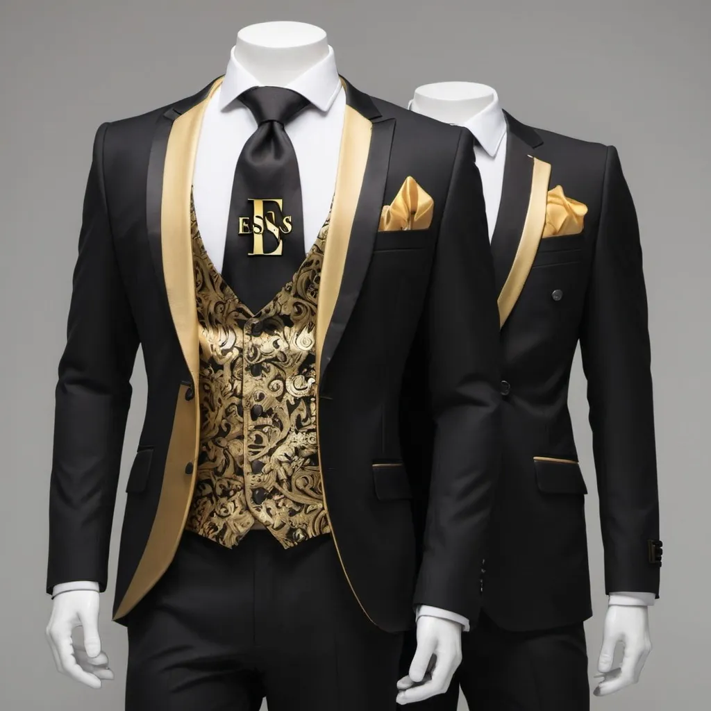 Prompt: create THREE PIEACE SUIT WITH THE NAME E&S with gold and black