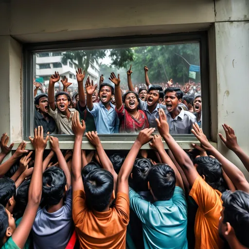 Prompt: A tender and emotional moment of students expressing a mix of joy and relief in Bangladesh. Through a window in the background, a powerful scene unfolds: a group of agitated protesters in Bangladesh on an imagined date of the 5th of August, celebrating a significant victory. They are throwing sandals at a portrait of Sheikh Hasina, displayed prominently in a symbolic act of dissent. The scene blends raw human emotion with intense political drama, rich in vivid detail, contrasting soft interior lighting with the dynamic energy of a stormy, chaotic outdoor setting.