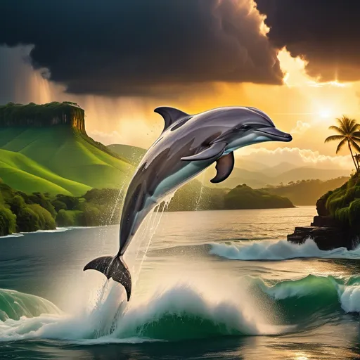 Prompt: A majestic dolphin leaping out of the shimmering sea water, droplets sparkling in the air, against the backdrop of an island with lush green hills and a cascading waterfall, illuminated by the golden hues of a vibrant sunrise. The sky is dramatic with dark storm clouds, a distant thunderstorm flashing lightning, and a gentle rain falling over the serene scene. The composition is cinematic, with vivid colors and intricate details, blending realism and fantasy in perfect harmony.