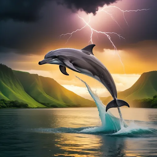 Prompt: A majestic dolphin leaping out of the shimmering sea water, droplets sparkling in the air, against the backdrop of an island with lush green hills and a cascading waterfall, illuminated by the golden hues of a vibrant sunrise. The sky is dramatic with dark storm clouds, a distant thunderstorm flashing lightning, and a gentle rain falling over the serene scene. The composition is cinematic, with vivid colors and intricate details, blending realism and fantasy in perfect harmony.