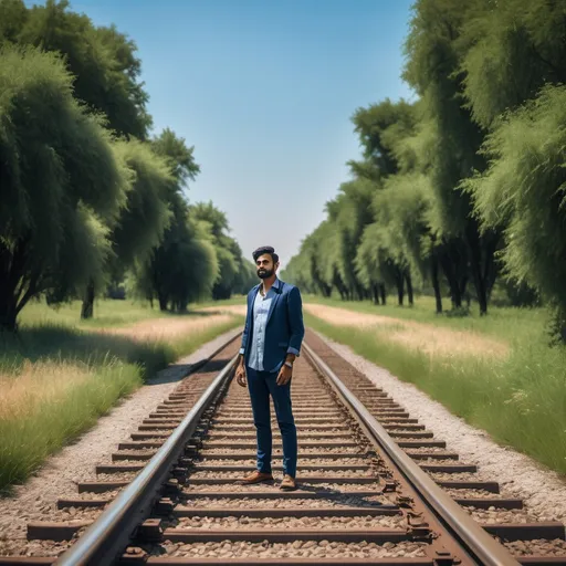 Prompt: a man standing on a train track next to a field of grass and trees with a blue sky in the background, Anthony Devas, samikshavad, portrait photography, a stock photo