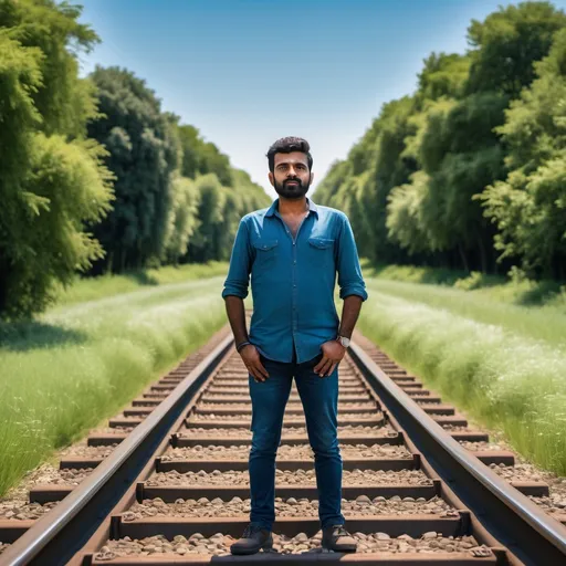 Prompt: a man standing on a train track next to a field of grass and trees with a blue sky in the background, Anthony Devas, samikshavad, portrait photography, a stock photo