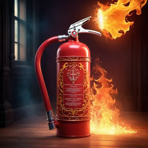 Prompt: Fantasy illustration of a magical fire extinguisher, ethereal and mystical atmosphere, vibrant and glowing flames, intricate and ornate design, high quality, fantasy, magical, vibrant colors, mystical atmosphere, detailed design, professional, atmospheric lighting