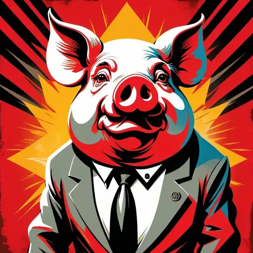 Prompt: fascist propaganda poster featuring an evil pig, vintage poster illustration, bold and vibrant colors, high resolution, traditional painting, detailed facial expression, powerful stance, profile, authoritative demeanor, vintage style, bold colors, detailed shading, professional quality, striking, traditional art, vintage propaganda, frowning pig, bold colors, black and red color scheme, high resolution, propaganda poster, detailed illustration