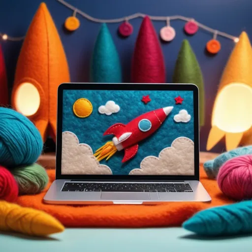 Prompt: style: wool felt
mainn item: rockets
secondary items: laptop, smartphone, tv