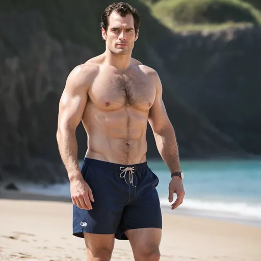 Prompt: Henry Cavill in a pair of navy blue 5 inch swimshorts. The shorts cling to his toned thighs, accentuating his athleticism. The sunlight glints off his golden skin, highlighting his chiseled features and the subtle ripple of muscles across his abdomen. With a confident stance, he exudes a relaxed yet powerful aura, embodying the epitome of summer elegance.