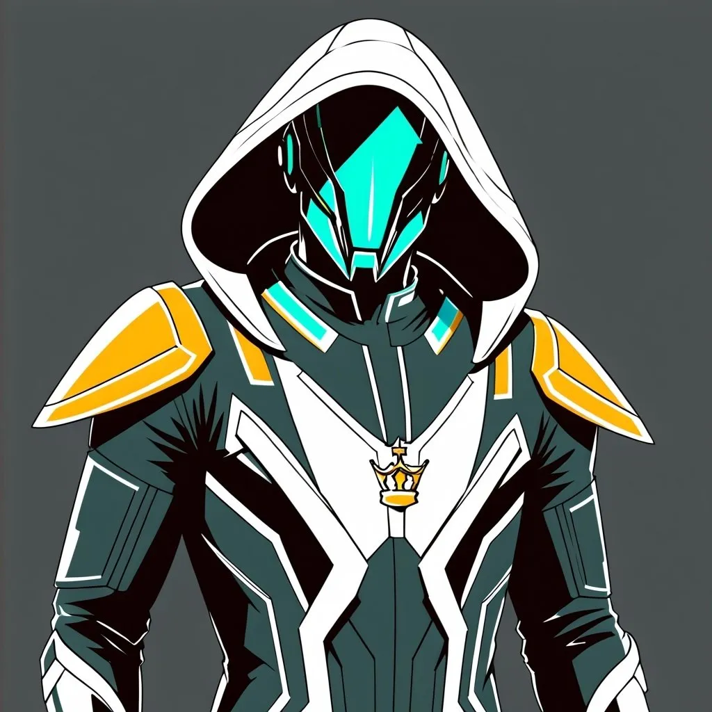 Prompt: A handsome man, hooded coat, futuristic bounty hunter suit, with royal crest on it 