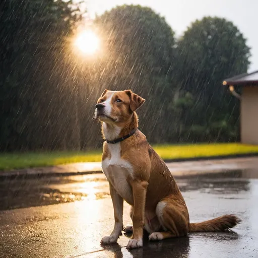 Prompt: A Dog sitting in the rain with the sun coming out in the back round