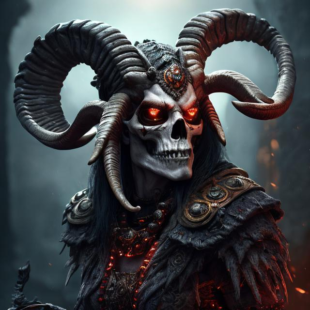 Prompt: Ram, Professional, Necromancer, shaman,Highly Detailed, Hyperrealistic, sharp focus, Professional, UHD, HDR, 8K, Render, HD, Trending on ArtStation, close up, red, white, black, grim, dark, darkness, evil, diety,