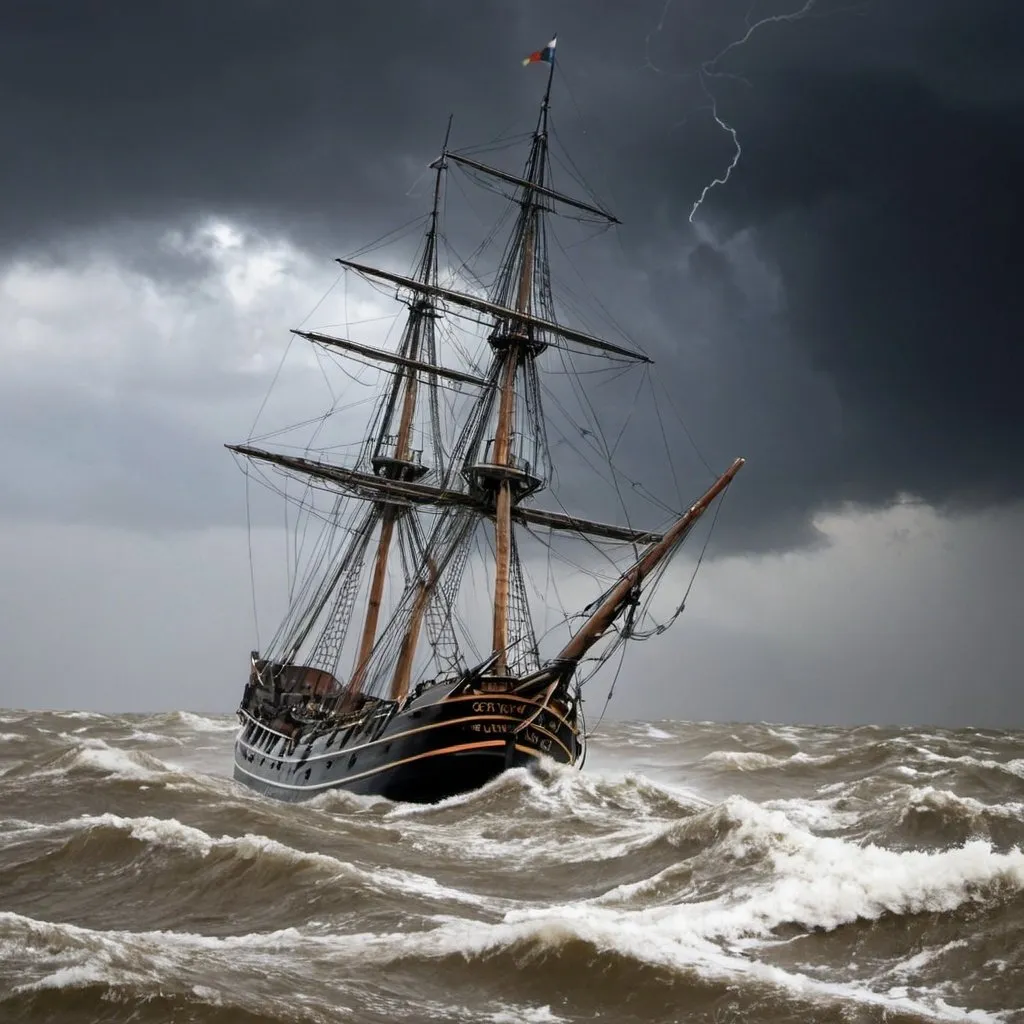 Prompt: maak een foto van een voc schip die in een storm vaart


