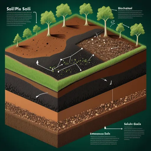 Prompt: illustration of soil science concept, (biochar particles <2mm improving sandy soils), (biochar particles >2mm enhancing clay soils), informative and educational layout, visually engaging graphics, vibrant colors with green and earthy tones, detailed diagrams showcasing soil texture changes, educational annotations, emphasis on particle size differences, (high quality, ultra-detailed), academic style for clarity and understanding.