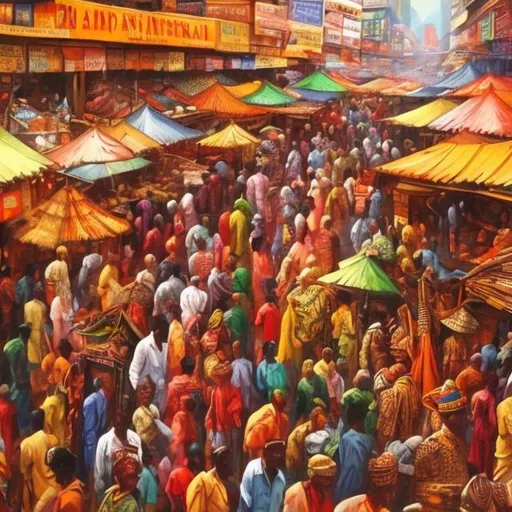 Prompt: Lively African market, vibrant colors, bustling crowd, traditional attire, bustling market stalls, diverse faces, lively atmosphere, high quality, detailed painting, vibrant, traditional art, colorful, dynamic lighting