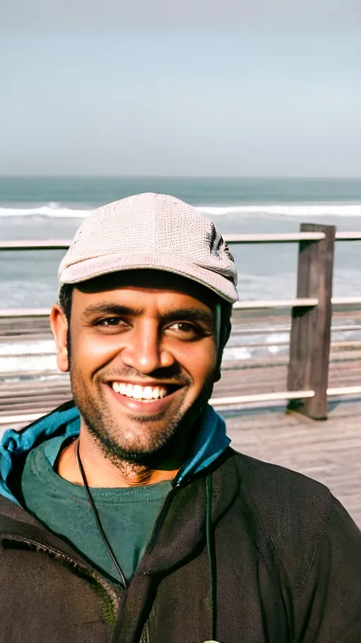 Prompt: an Indian man in a hat smiles for the camera while standing on a boardwalk near the ocean and boardwalks, Bhola shankar, singing bollywood songs
