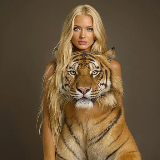 Prompt: A female slightly toned long blonde hair gren eyes modeling with a tiger

