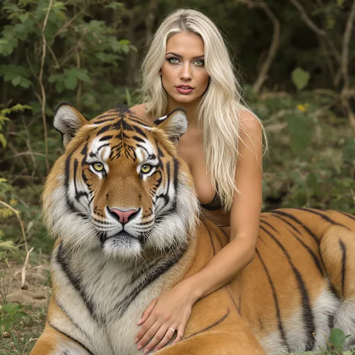 Prompt: A female slightly toned long blonde hair green eyes modeling with a tiger in a safari scene 

