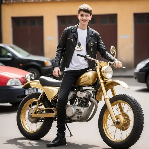 Prompt: A young man with his motor bike. A gold ring on the bike