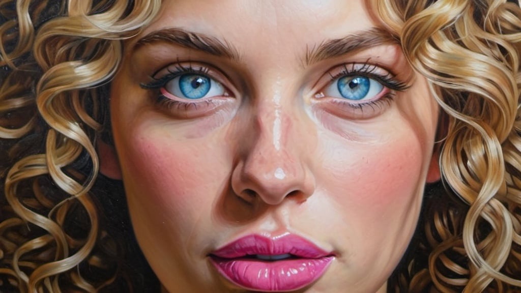 Prompt: an oil painting of a woman face with curly hair and blue eyes and a pink lip, Anthony Palumbo,  extremely detailed oil painting, a photorealistic oil painting