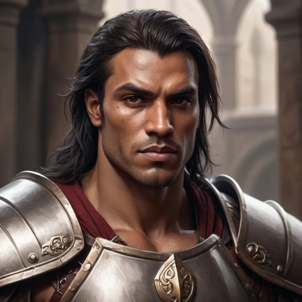 Prompt: hyper-realistic character, fantasy character art, illustration, dnd, warm tone, dark red skin, no horn. Muscular paladin, square jaw. Dark hair and eyes, kind face, mid length hair, not human, 



