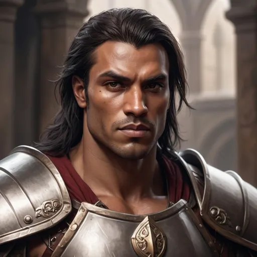 Prompt: hyper-realistic character, fantasy character art, illustration, dnd, warm tone, dark red skin, no horn. Muscular paladin, square jaw. Dark hair and eyes, kind face, mid length hair, not human, 



