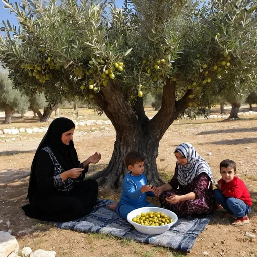 Prompt: A lovely Palestinian family under olive tree gathering olives in october