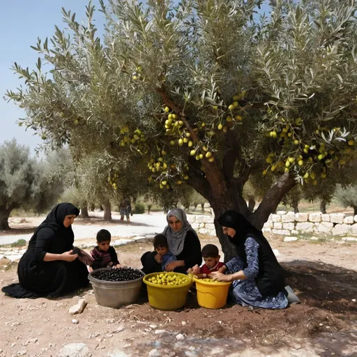 Prompt: A Palestinian family under olive tree gathering olives