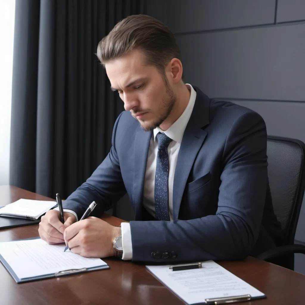 Prompt: show me a man writing to contracts which write to there contracts / man sit down on the chaid and wearing suit  and background isinformation communication technologies picture 