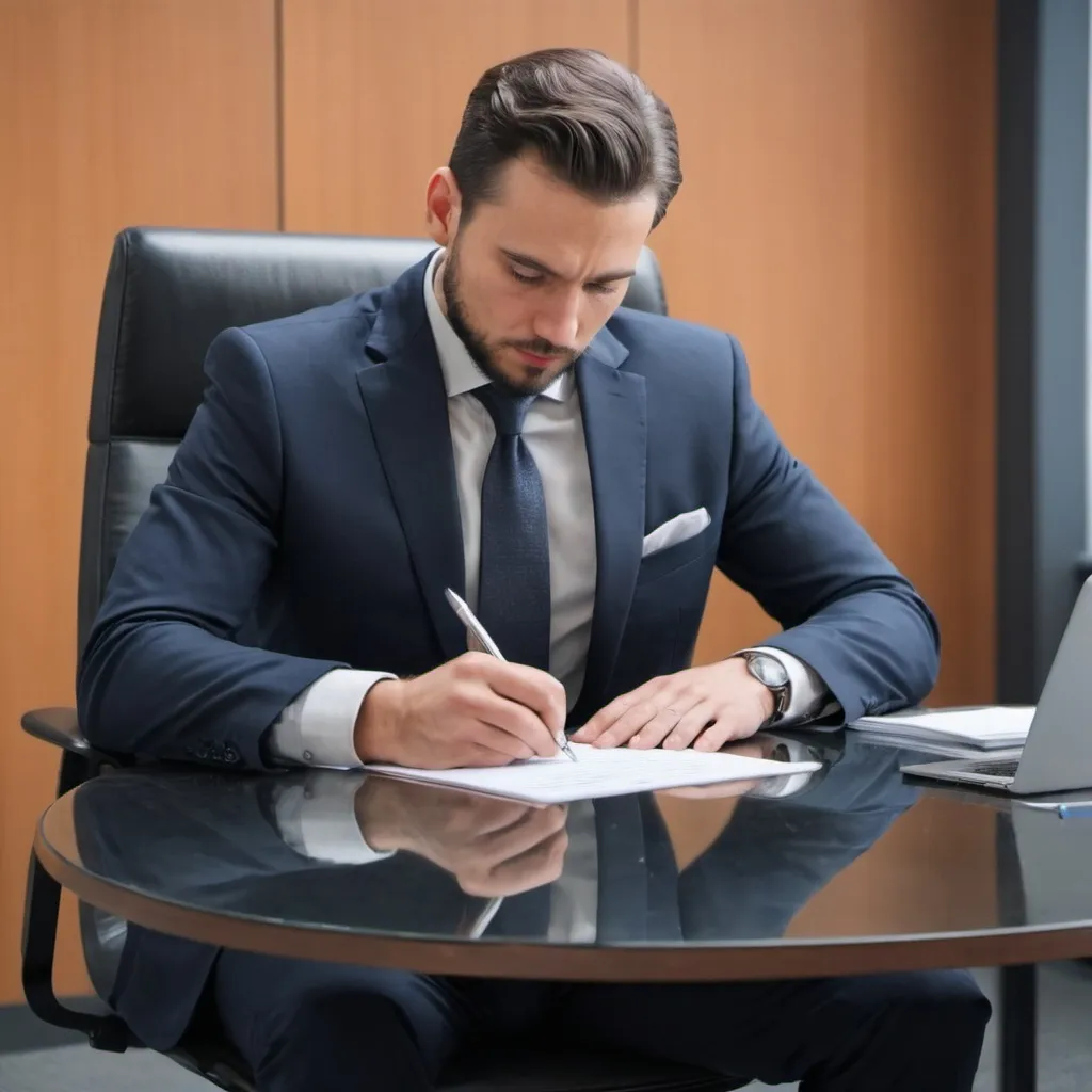 Prompt: show me a man writing to contracts by one hand which write to there contracts / man sit down on the chair and wearing suit  and background is information communication technologies picture 