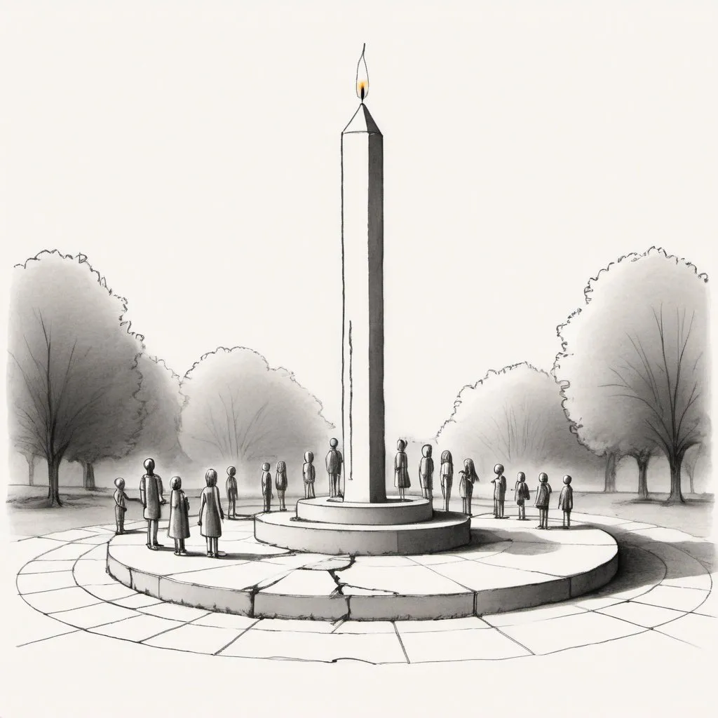 Prompt: Drawing #1: The first sketch shows a front view of the memorial. In the center, there is a tall and slender structure, representing a lit candle, made of concrete or metal. Surrounding the candle are several smaller sculptures of children, representing young people who were victims of Nazi experiments. Broken toys and children's books are scattered around the base of the candle, symbolizing the children's interrupted childhood. One or two human figures are drawn near the base of the candle, providing a sense of scale.