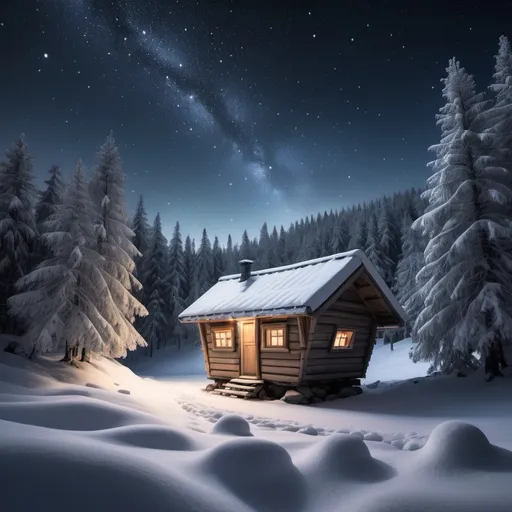 Prompt: a small hut with snow on the roof amidst a snowy landscape full of trees and above the stars are twinkling by night
