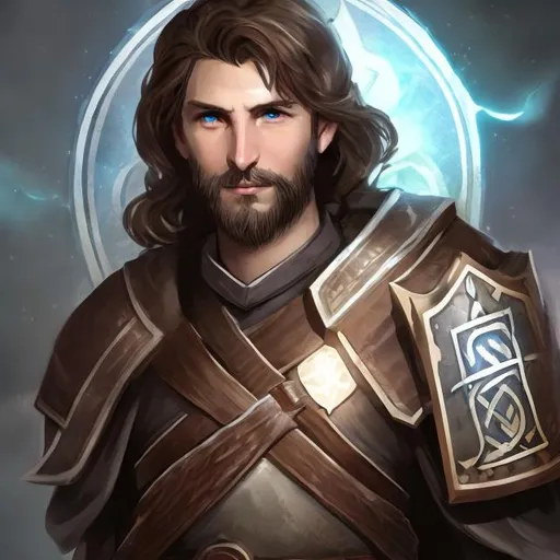 Prompt: A cleric of light with a shield and glowing sword with dark brown hair and stubble beard 