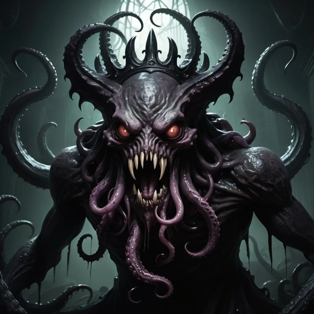 Prompt: Lovecraftian shadow goo monster, dark claws, tentacles, crown of horns, sharp teeth, darkness, several black eyes, highres, dark fantasy, gothic, sinister atmosphere, eerie lighting, eldritch horror, detailed, eerie atmosphere, horror, detailed eyes, sinister, gothic ambience, highres