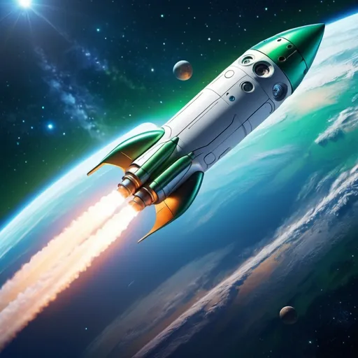 Prompt: Create an image of a futuristic rocket on Earth's orbit leaving the Earth behind