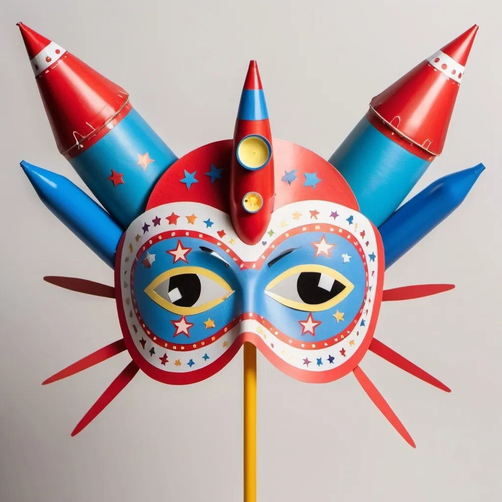 Prompt: Create a half-face carnival mask that has two rockets being launched on top of it as it they were antennas