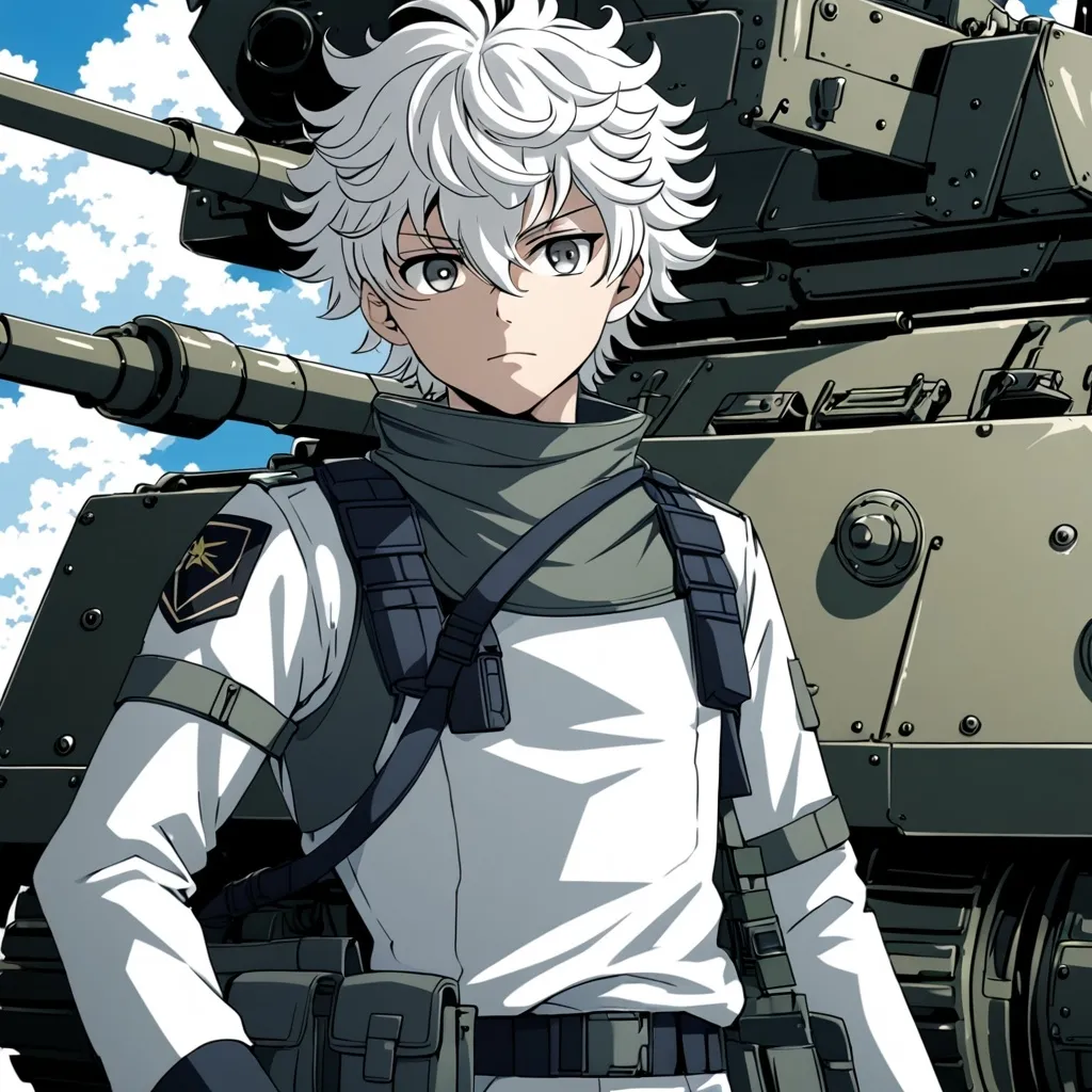 Prompt: Anime, boy, white curly hair, grey eyes, military gear