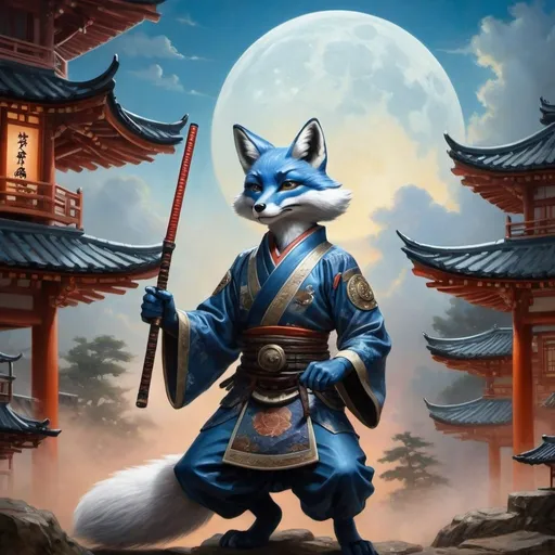 Prompt: Upon a Thomas Kinkade-style Edo period landscape:

Create an artistic composition of the “Loyal Warrior Consort” featuring acrobatic prowess with a celestial and timeless quality. The character is an early Holocene Vulpes qiuzhudingi (Blue fox) anthropomorphic warrior, showcasing martial arts skill and battle marks. Use acrylic trompe l’oeil artwork technique for dynamic action, elegance, and emotional depth. Integrate multicolor luciferin gradients to depict “Lucifurinescent glints” and “radiance ablaze,” adding otherworldly light. Blend traditional Edo period accoutrements and in-depth landscape elements with Steampunk aesthetics to symbolize “unsolved enigmas” and “alien musings.” Employ shadow layering to create depth and contrast, enhancing the mysterious atmosphere. Limit the character to two arms and two legs. Include inscriptions from a poem, such as “Radiance ablaze” and “Their tale whispers through ages,” on the character’s armor or weaponry. Set the scene against a celestial backdrop with luminous glints and a sense of transient essence, reflecting the poetic context of a timeless battle scene.