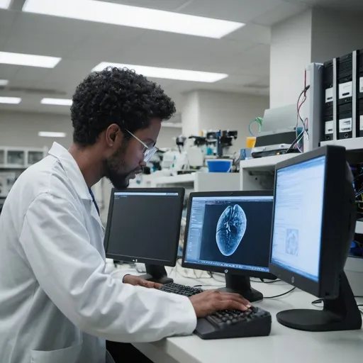 Prompt: Person looking at a computer doing research in a lab