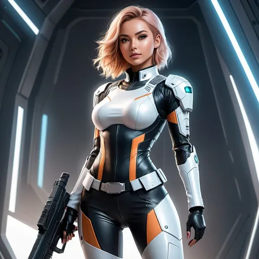 Prompt: Full body shot of a slim Whole body. Full Figure, from a distance. a Young noble woman from the future in the, futuristic scifi crop top. Cute. soft feminine body features. Smooth skin, detailed, well drawn face. Rpg art. 2d art. 2d.   beautiful futuristic female omnipotent super soldier with guns 