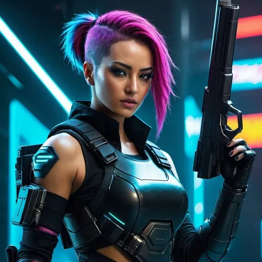 Prompt: cyberpunk futuristic female omnipotent soldier with gun  