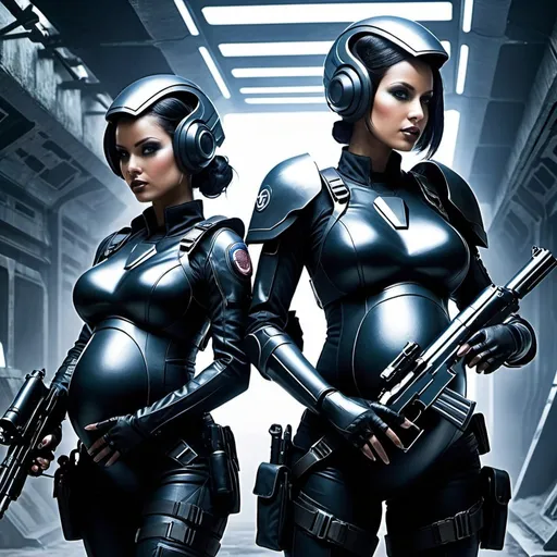 Prompt:  futuristic dark omnipotent amour pregnant super  soldiers with guns dystopian art 