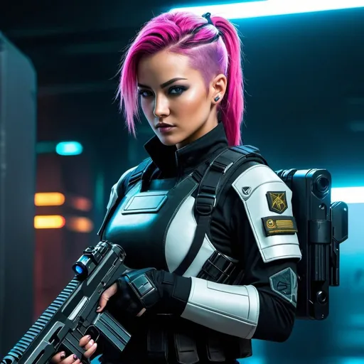 Prompt: cyberpunk futuristic omnipotent military  female soldier with gun