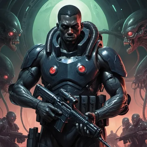 Prompt:  futuristic dark male omnipotent amour super soldiers with guns lovecraftian horror art 