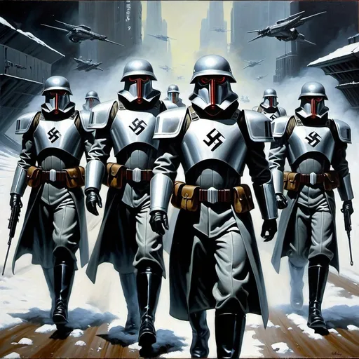 Prompt:  futuristic Nazi super soldiers oil painting dystopian art
