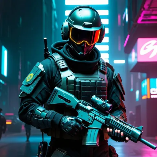 Prompt: cyberpunk futuristic omnipotent military soldier with gun  