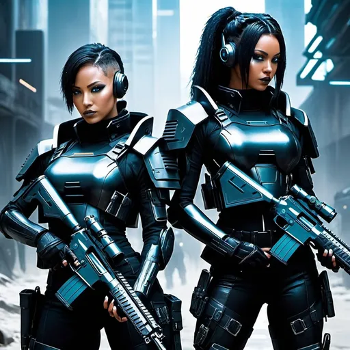Prompt: cyberpunk futuristic black amour super soldiers with guns dystopian art 