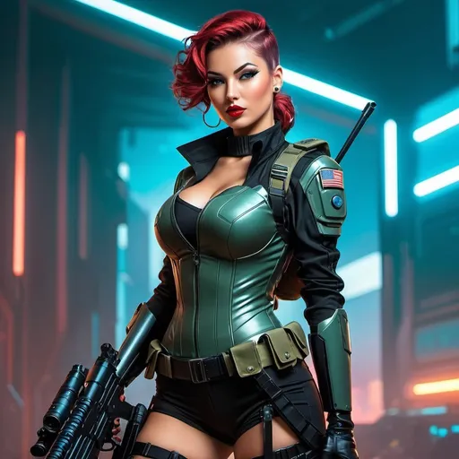 Prompt: pin up  cyberpunk futuristic omnipotent military female soldier with gun  