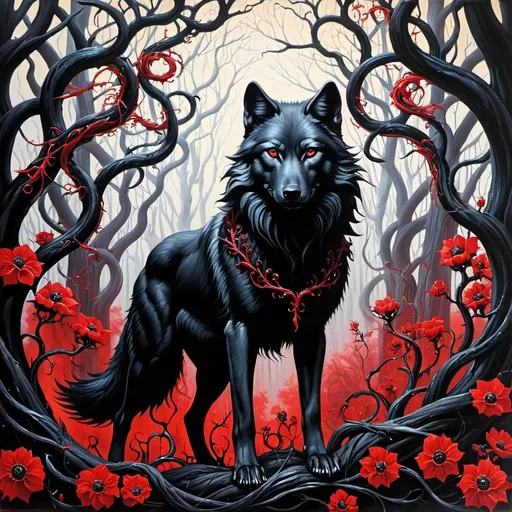 Prompt: wolf in black and scarlet red dark fantasy Oil painting lovecraftian horror overrun with Gothic botanical abominations, twisted trees rise, entwined with black vines, sinister flowers Oil painting 