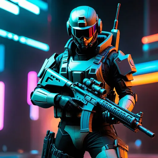Prompt: cyberpunk futuristic omnipotent military soldier with gun  